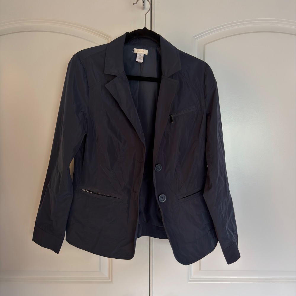 Chico's Navy Blue Lightweight Zipper Pocket Blazer Jacket Size 0 S Navy Blue